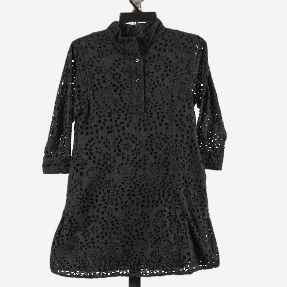 CodeXMode Henley Long Sleeve Eyelet Dress In Black size S